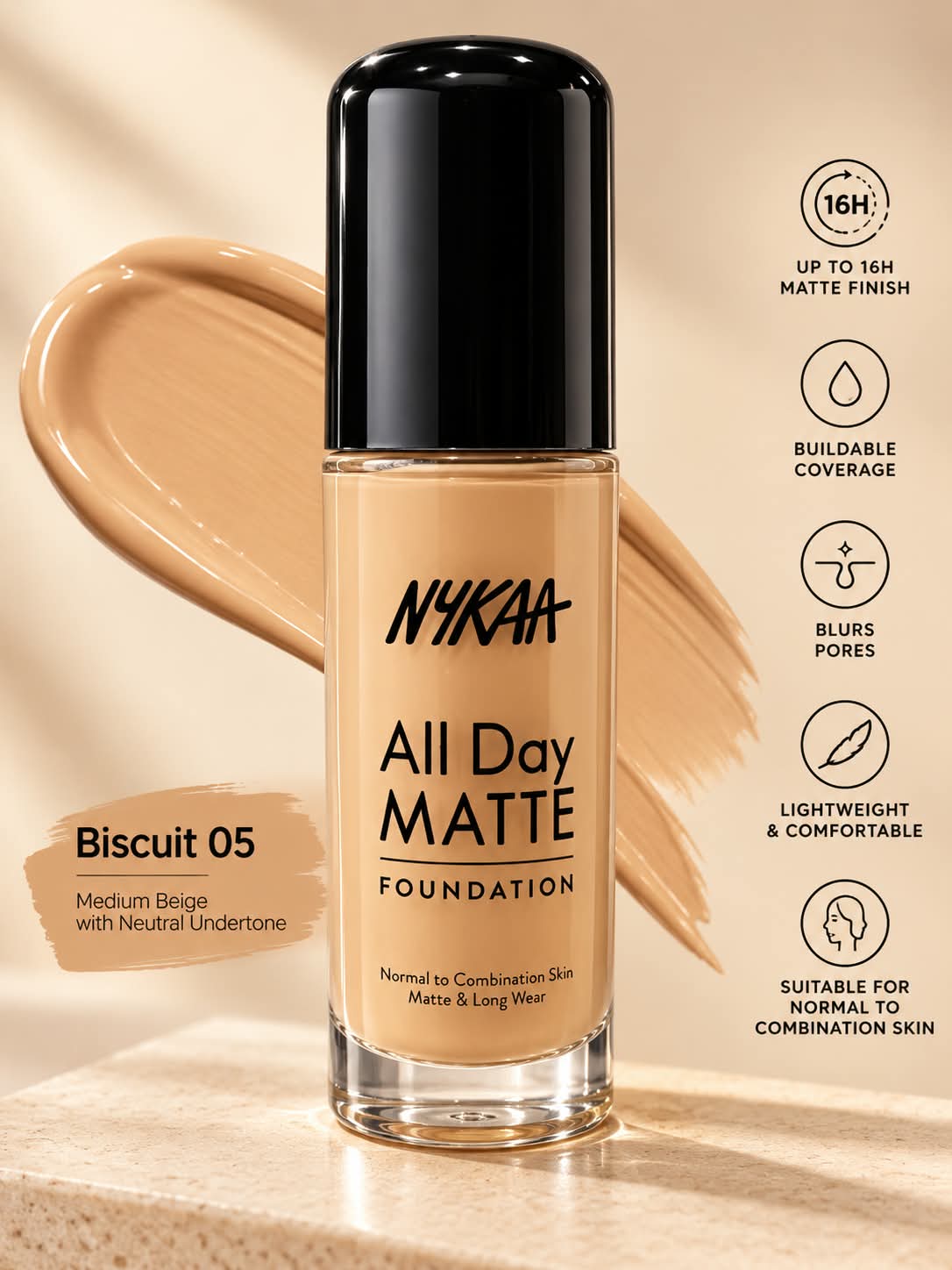 Nykaa All Day Matte Long Wear Liquid Foundation For Normal To Combination Skin