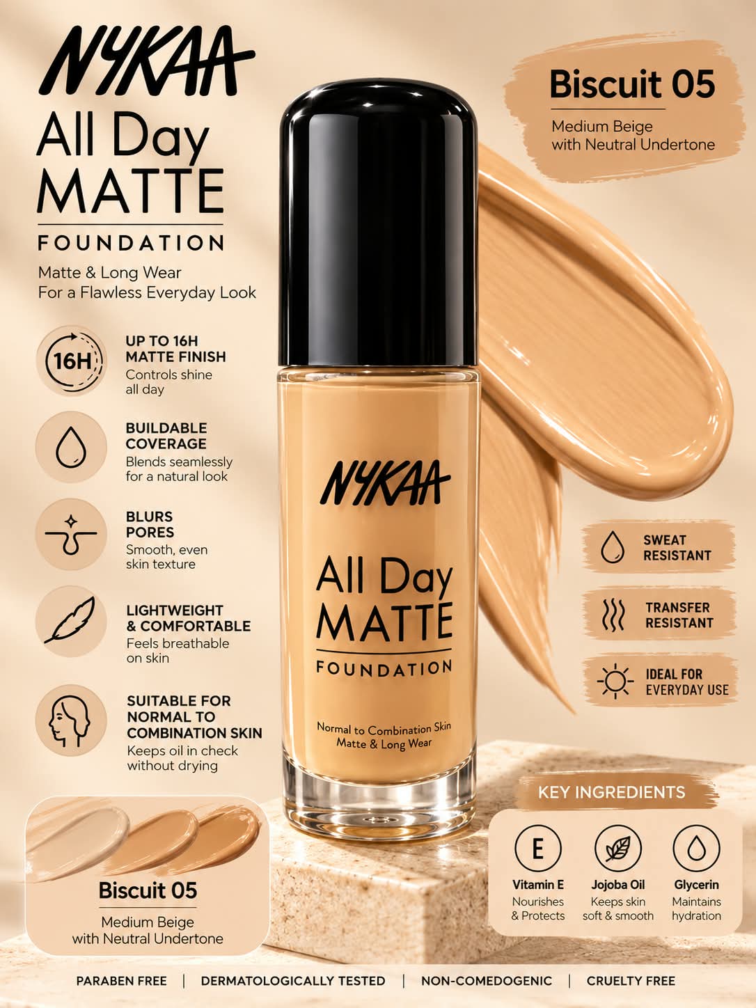 Nykaa All Day Matte Long Wear Liquid Foundation For Normal To Combination Skin