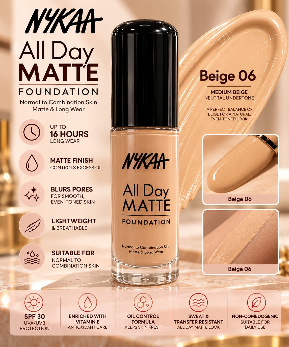 Nykaa All Day Matte Long Wear Liquid Foundation For Normal To Combination Skin
