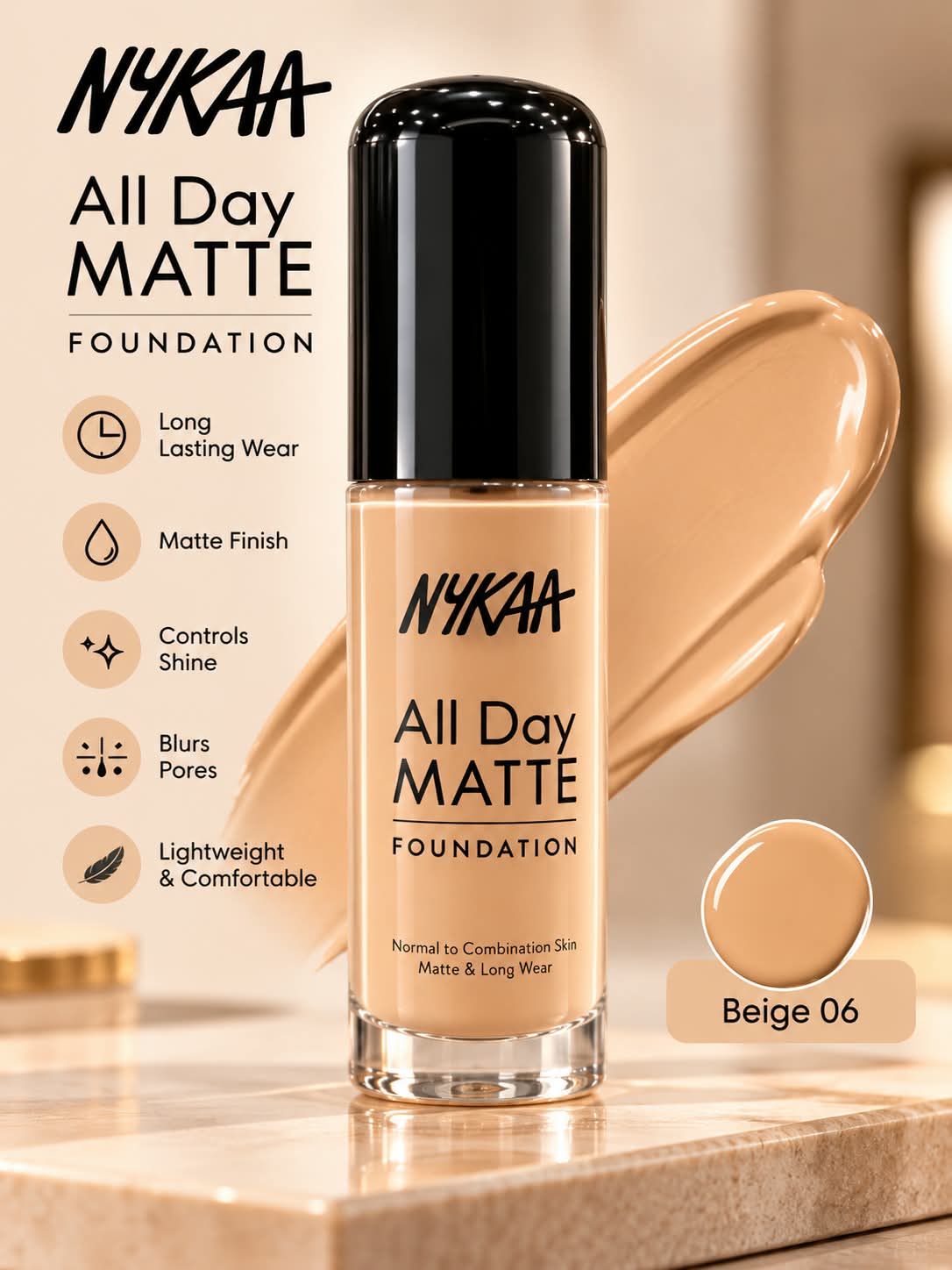 Nykaa All Day Matte Long Wear Liquid Foundation For Normal To Combination Skin