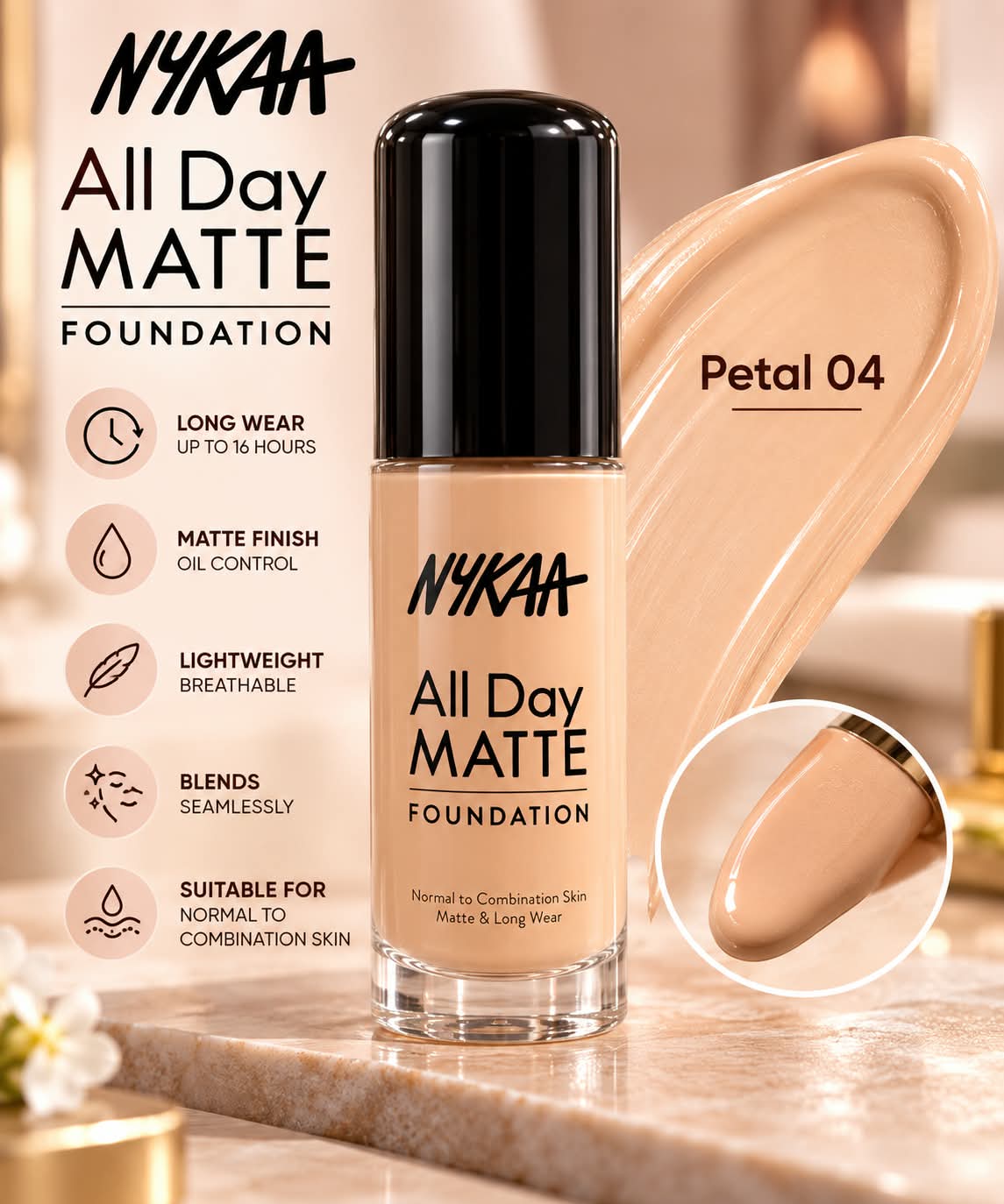 Nykaa All Day Matte Long Wear Liquid Foundation For Normal To Combination Skin