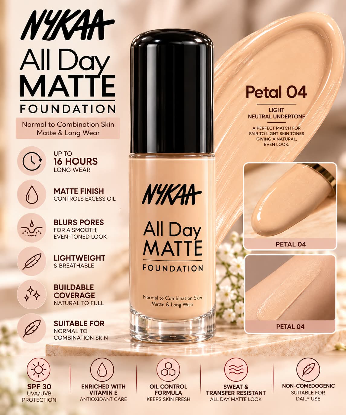 Nykaa All Day Matte Long Wear Liquid Foundation For Normal To Combination Skin