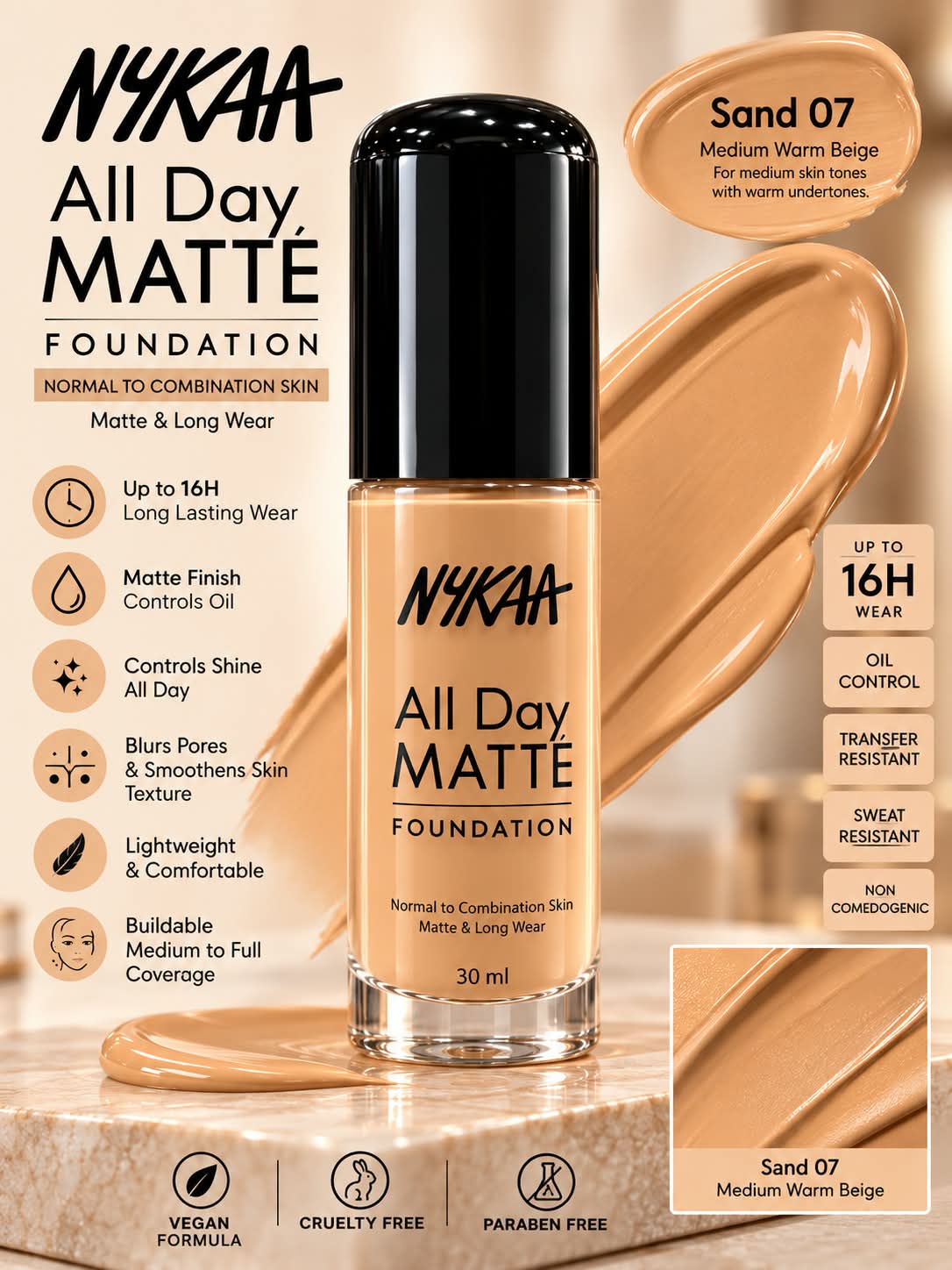 Nykaa All Day Matte Long Wear Liquid Foundation For Normal To Combination Skin