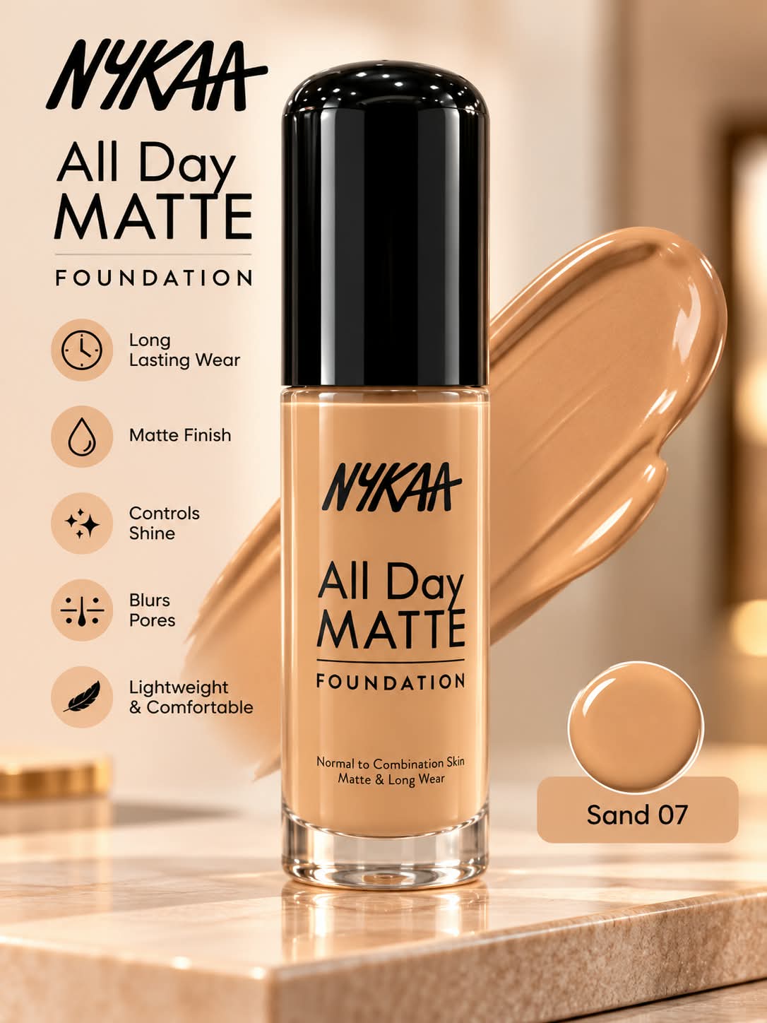 Nykaa All Day Matte Long Wear Liquid Foundation For Normal To Combination Skin