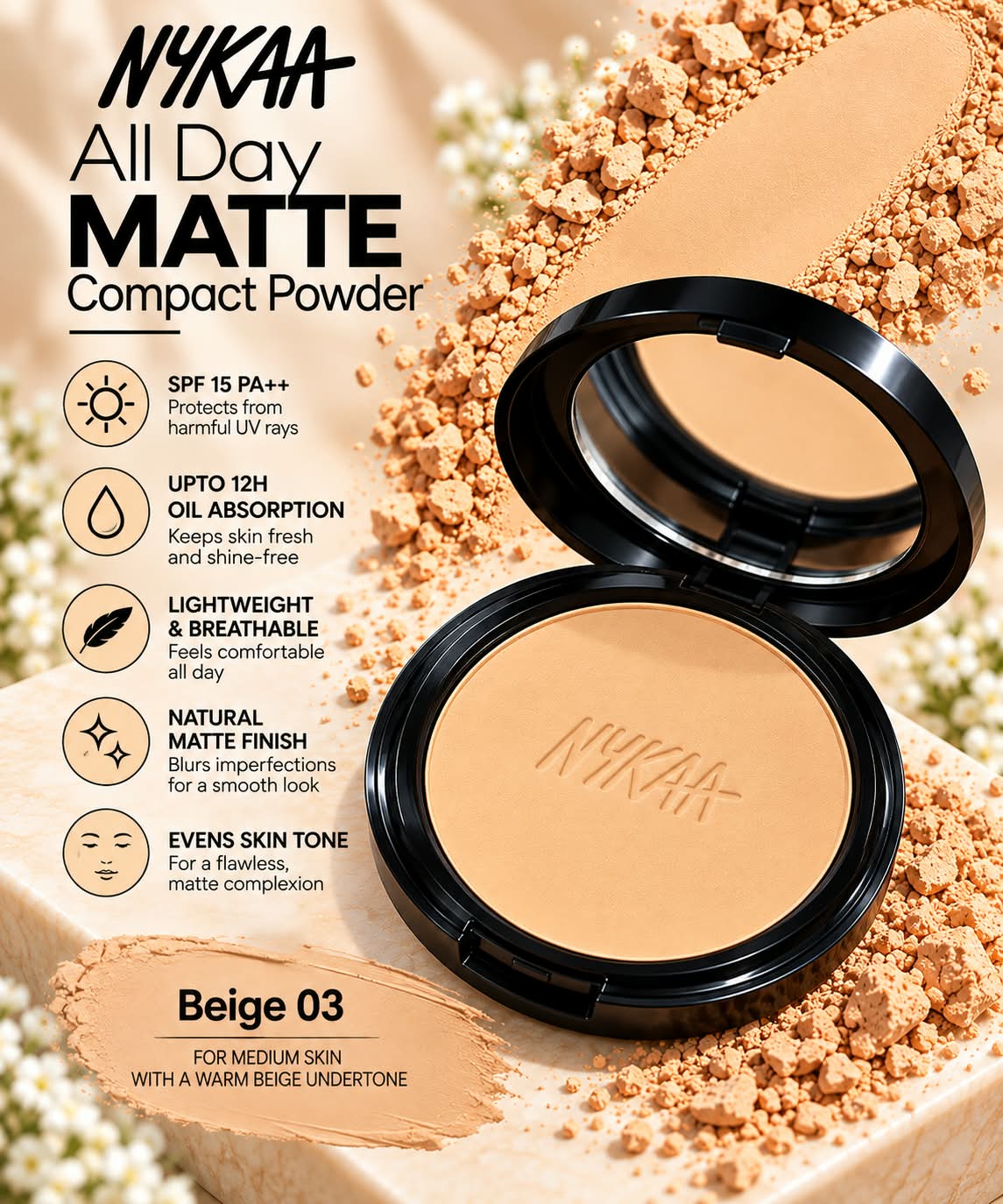 Nykaa All Day Matte 12Hr Oil Absorption Compact Powder With SPF 15 PA ++