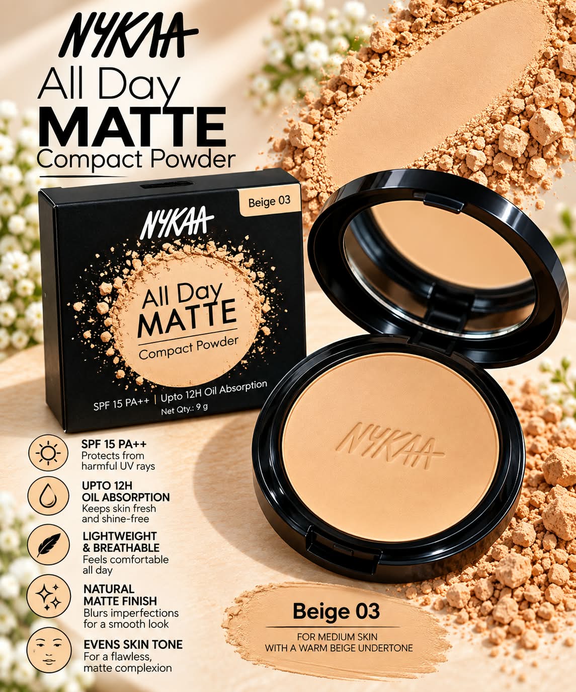 Nykaa All Day Matte 12Hr Oil Absorption Compact Powder With SPF 15 PA ++