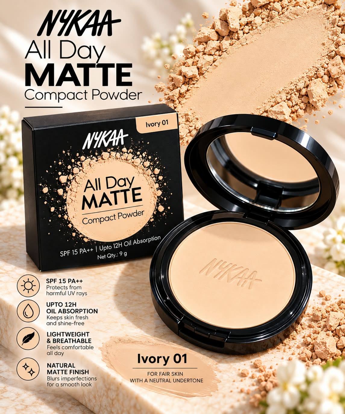 Nykaa All Day Matte 12Hr Oil Absorption Compact Powder With SPF 15 PA ++