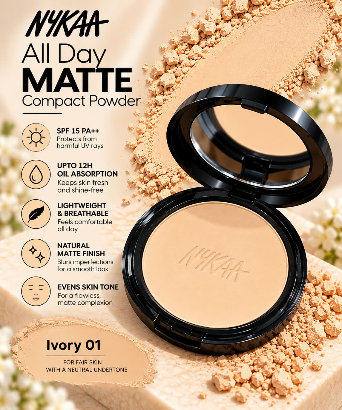 Nykaa All Day Matte 12Hr Oil Absorption Compact Powder With SPF 15 PA ++