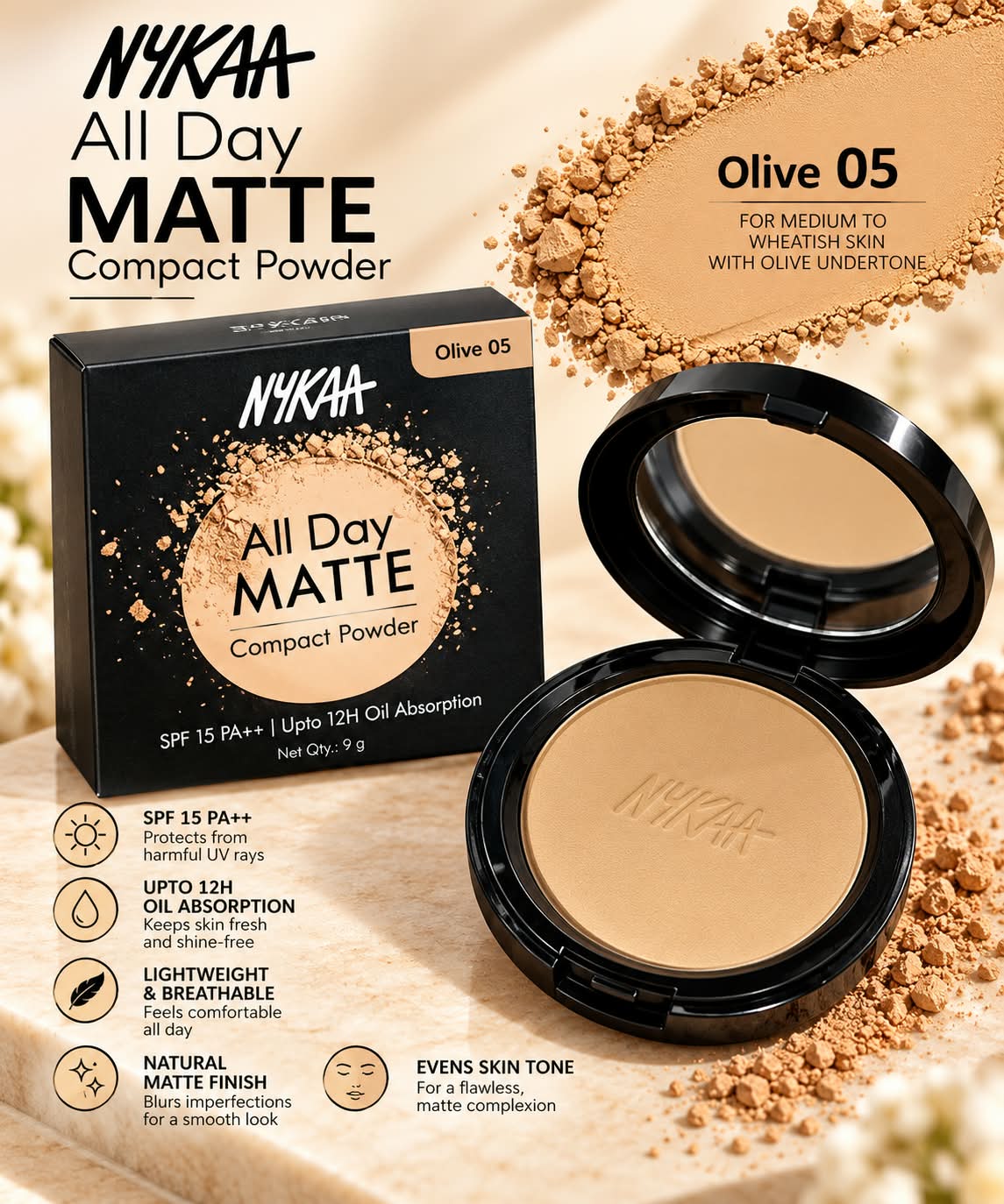 Nykaa All Day Matte 12Hr Oil Absorption Compact Powder With SPF 15 PA ++