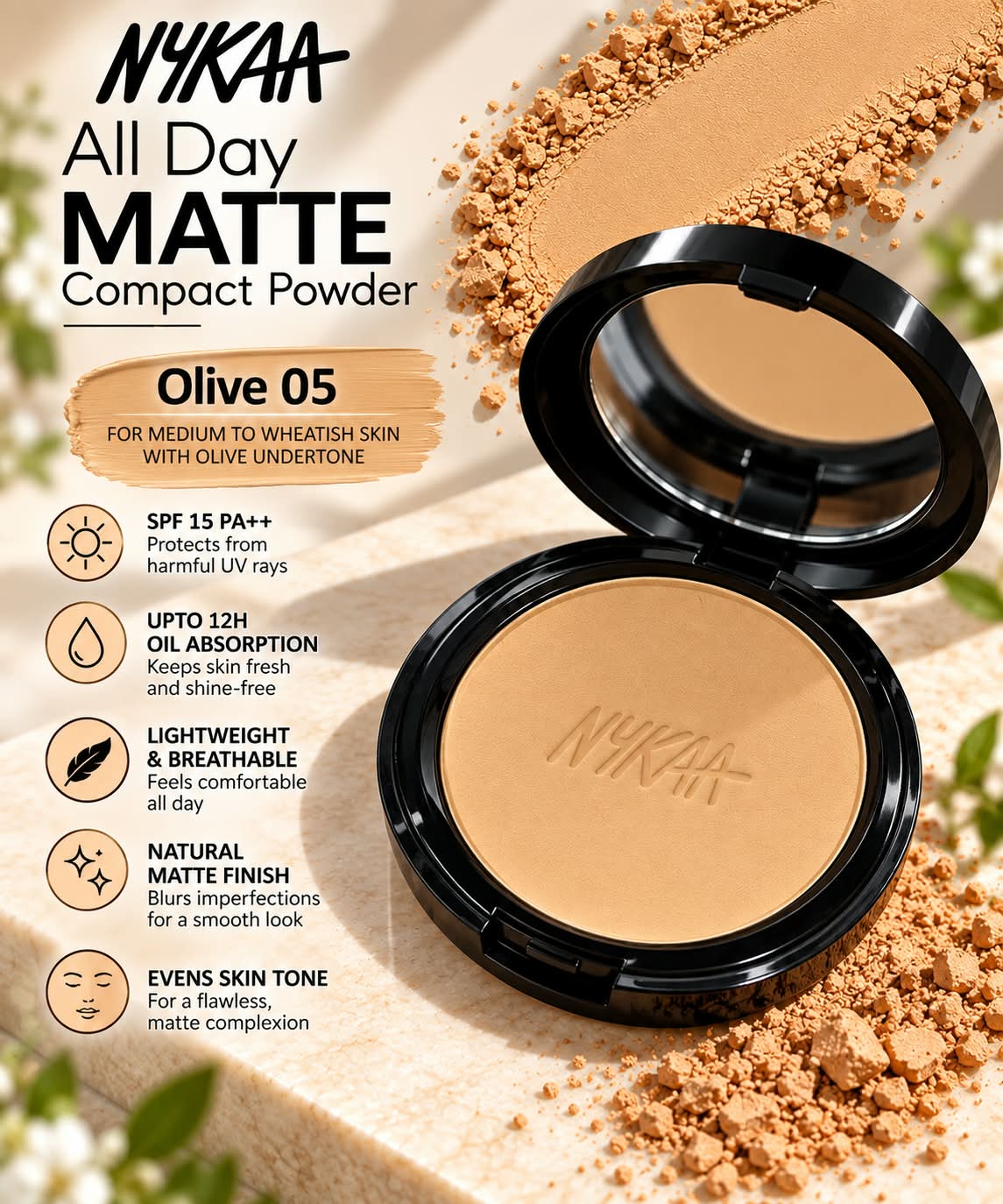 Nykaa All Day Matte 12Hr Oil Absorption Compact Powder With SPF 15 PA ++