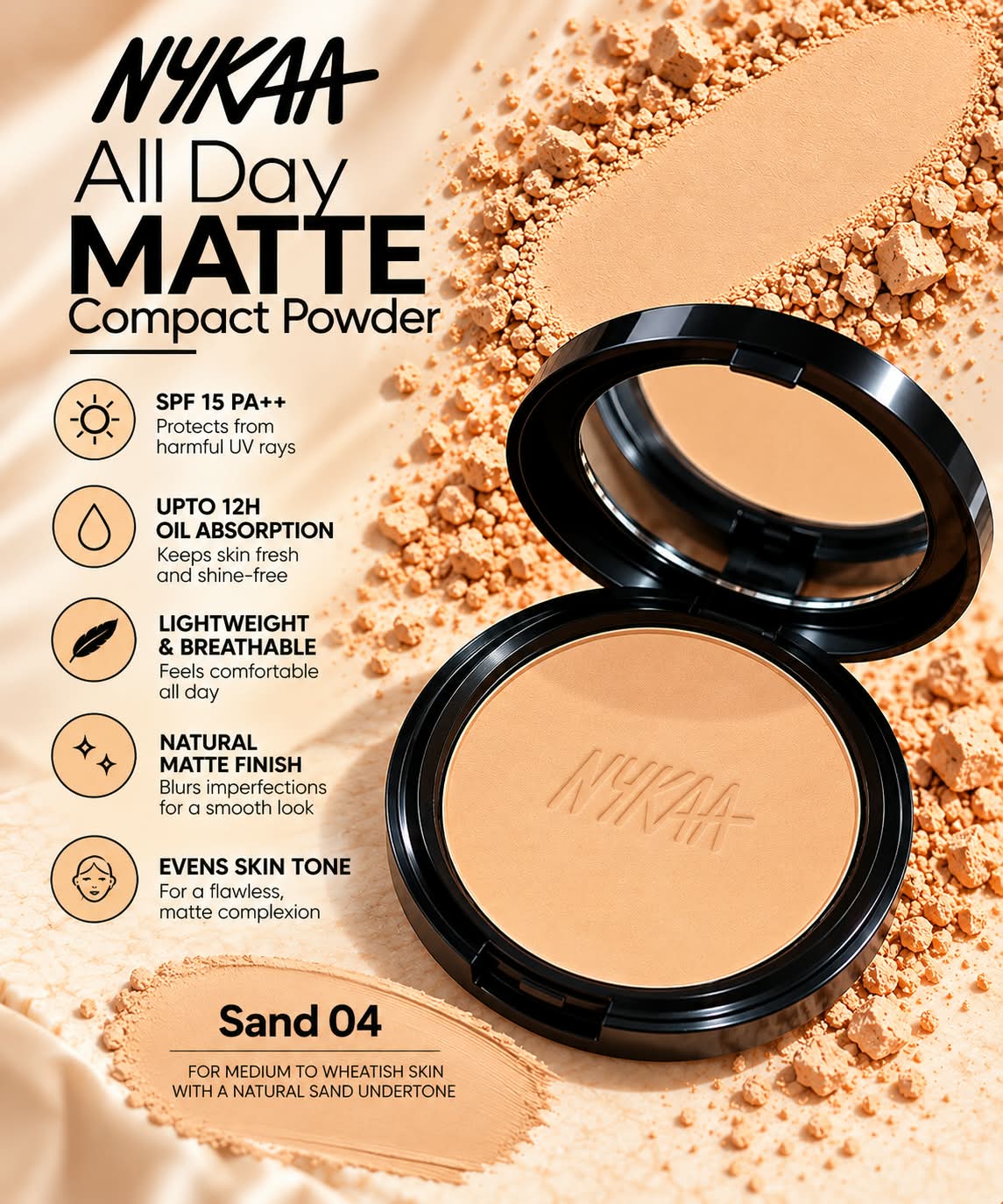 Nykaa All Day Matte 12Hr Oil Absorption Compact Powder With SPF 15 PA ++