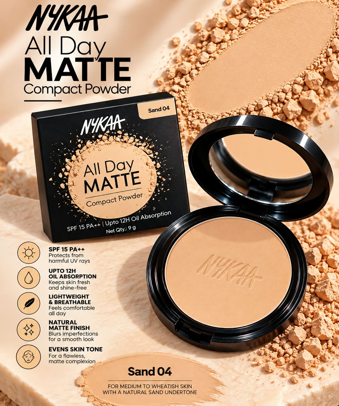 Nykaa All Day Matte 12Hr Oil Absorption Compact Powder With SPF 15 PA ++