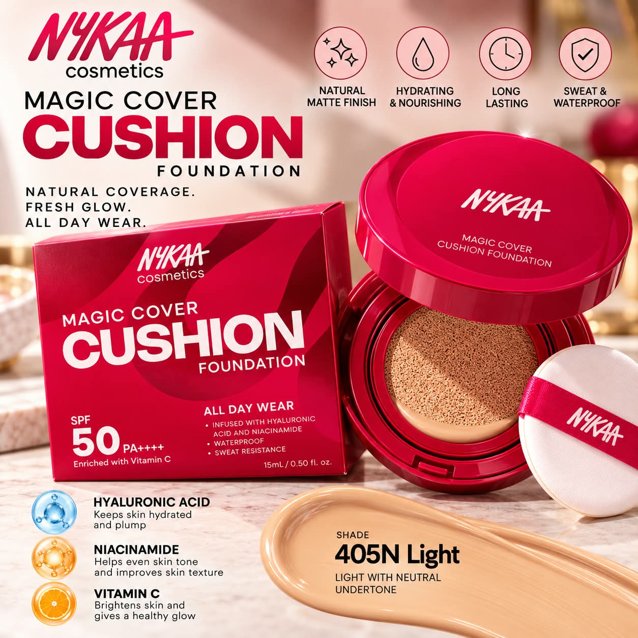 NYKAA Magic Cover Full Coverage Matte Cushion Foundation with SPF 50 PA++++ Foundation
