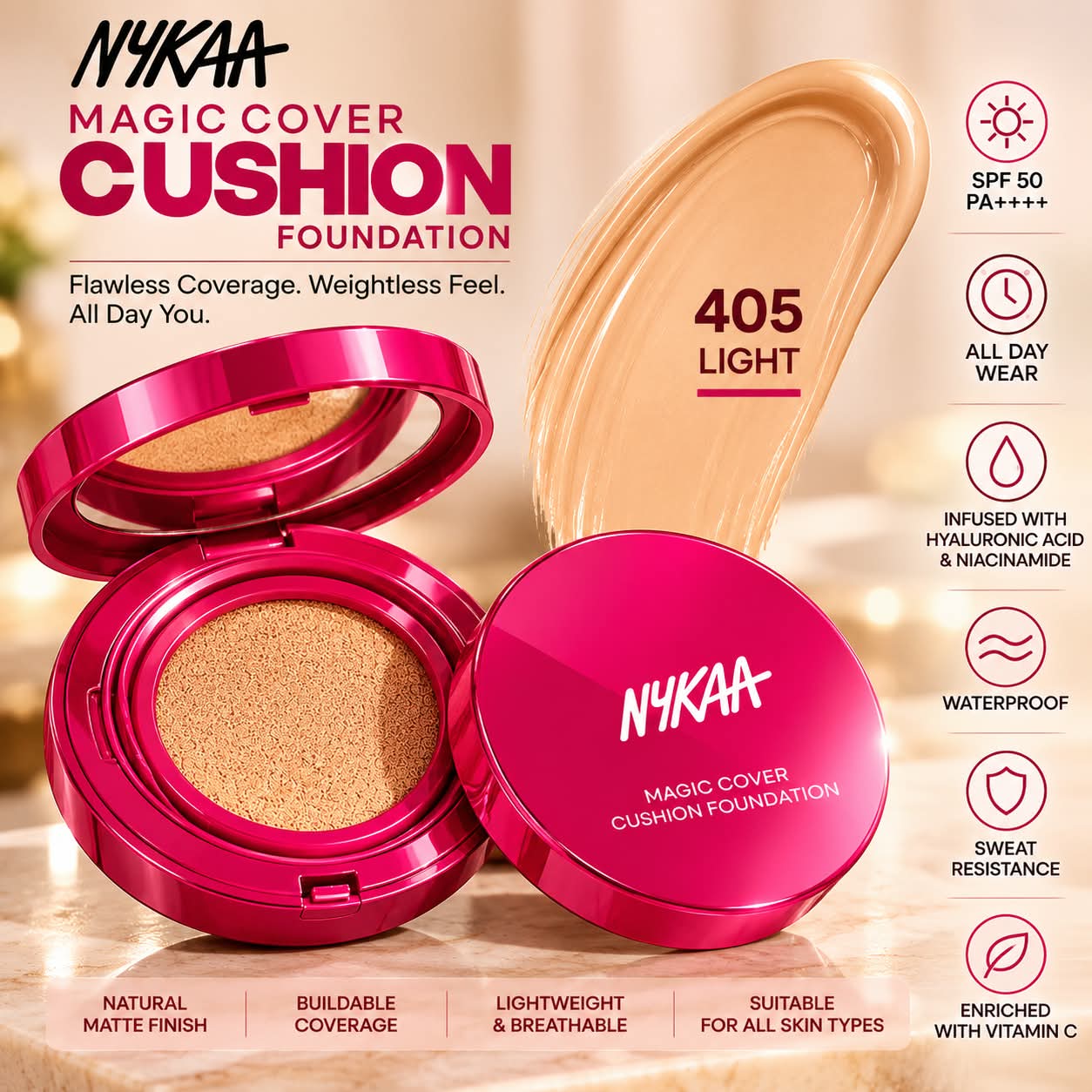 NYKAA Magic Cover Full Coverage Matte Cushion Foundation with SPF 50 PA++++ Foundation
