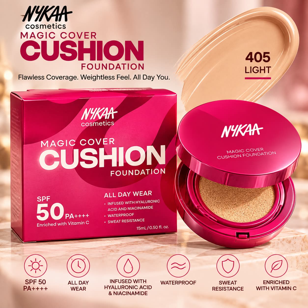 NYKAA Magic Cover Full Coverage Matte Cushion Foundation with SPF 50 PA++++ Foundation