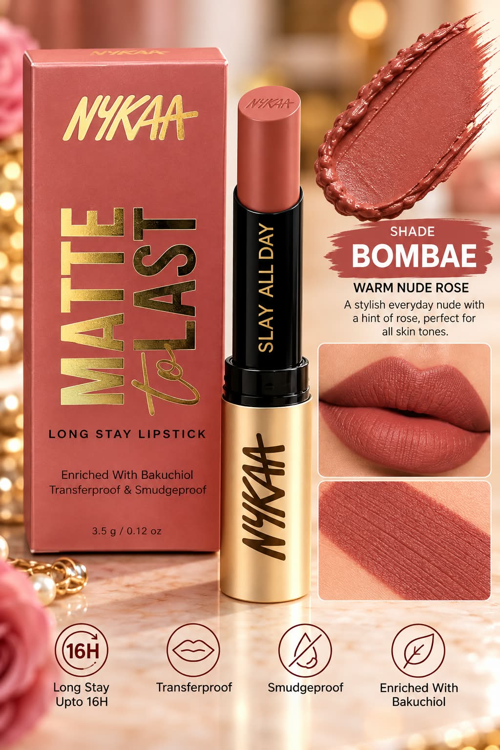 Nykaa Matte to Last Long Stay Lipstick Enriched with Bakuchiol Transferproof  & Smudgeproof