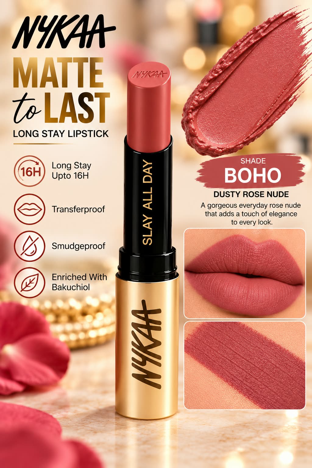 Nykaa Matte to Last Long Stay Lipstick Enriched with Bakuchiol Transferproof  & Smudgeproof