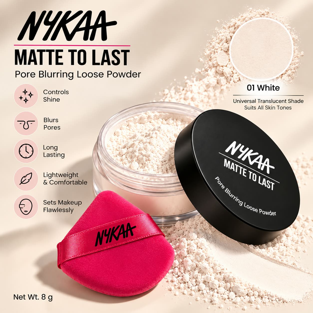 Nykaa Matte to Last Pore Blurring Loose Powder Ultra Fine Lightweight Particles Natural Matte Finish Long Lasting Oil Control