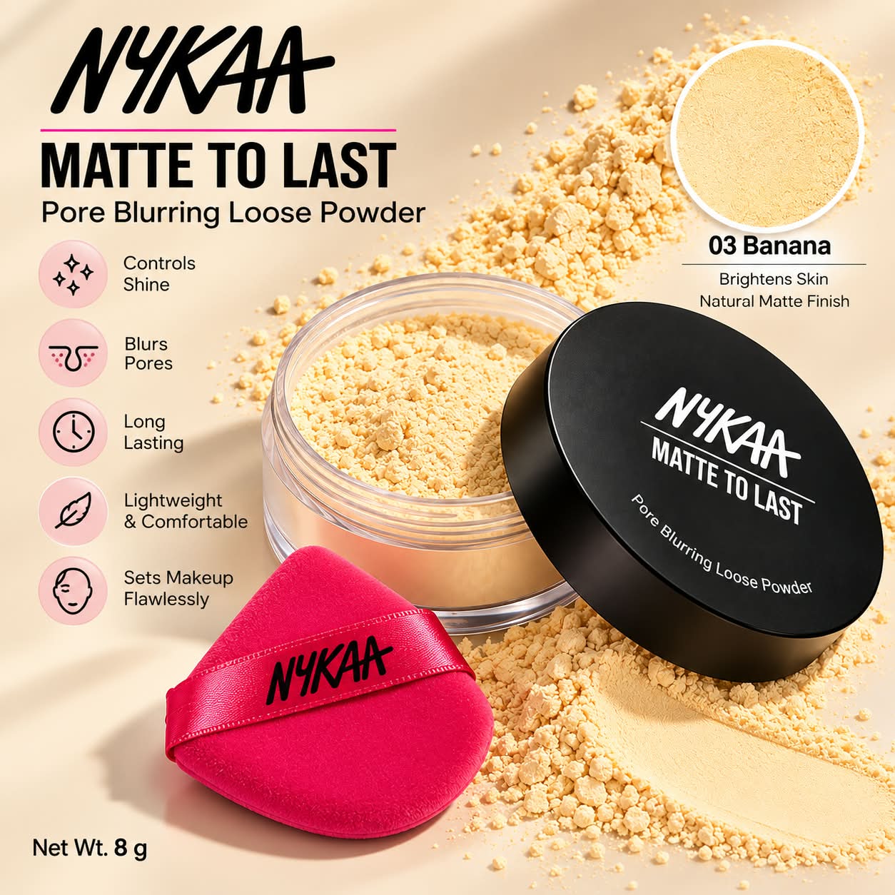 Nykaa Matte to Last Pore Blurring Loose Powder Ultra Fine Lightweight Particles Natural Matte Finish Long Lasting Oil Control