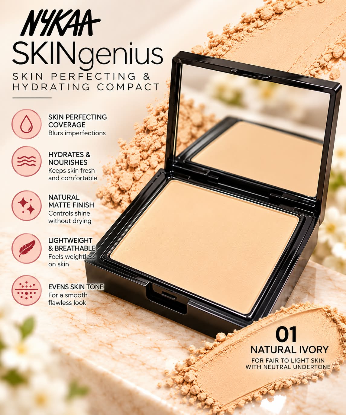 Nykaa SKINgenius Skin Perfecting & Hydrating Matte Powder Compact - Natural
