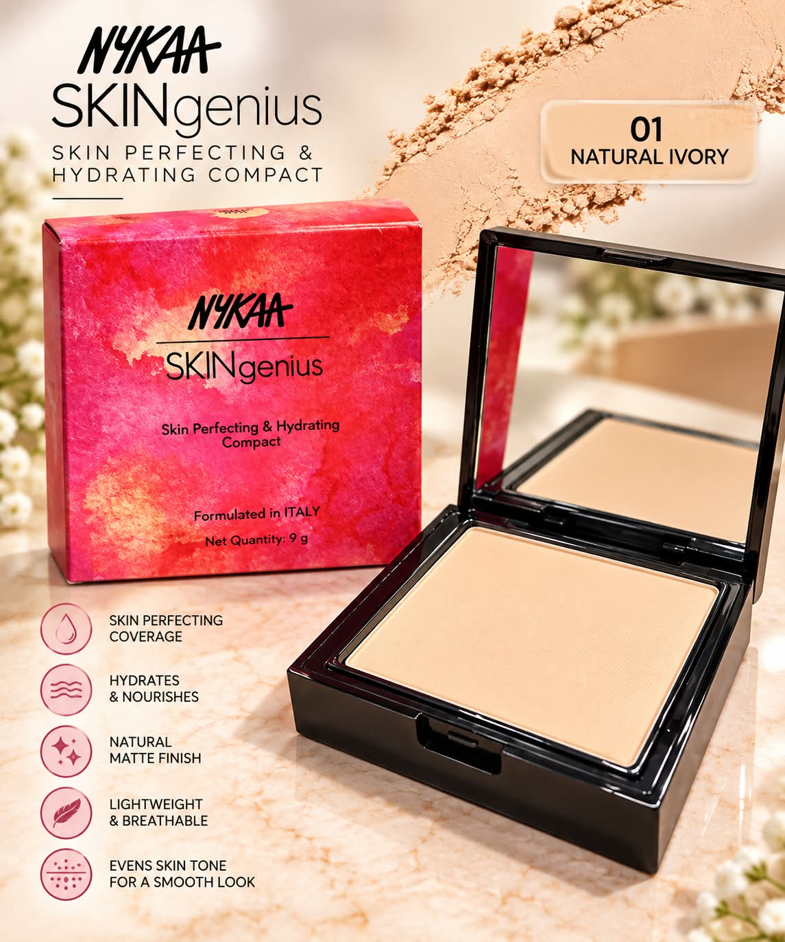 Nykaa SKINgenius Skin Perfecting & Hydrating Matte Powder Compact - Natural