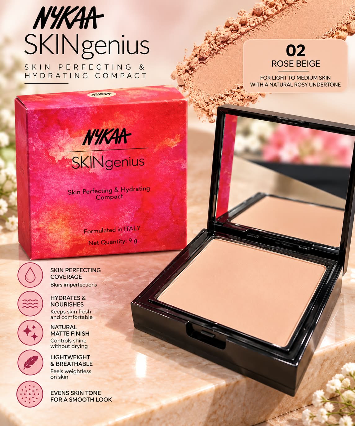 Nykaa SKINgenius Skin Perfecting & Hydrating Matte Powder Compact - Natural