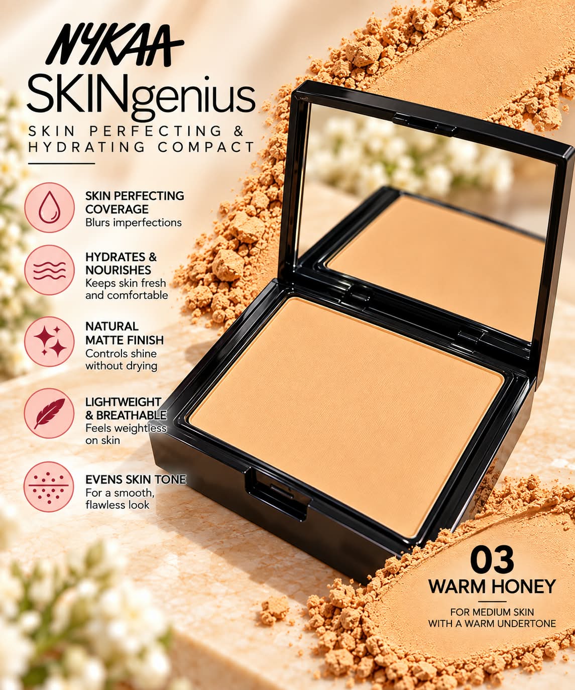 Nykaa SKINgenius Skin Perfecting & Hydrating Matte Powder Compact - Natural
