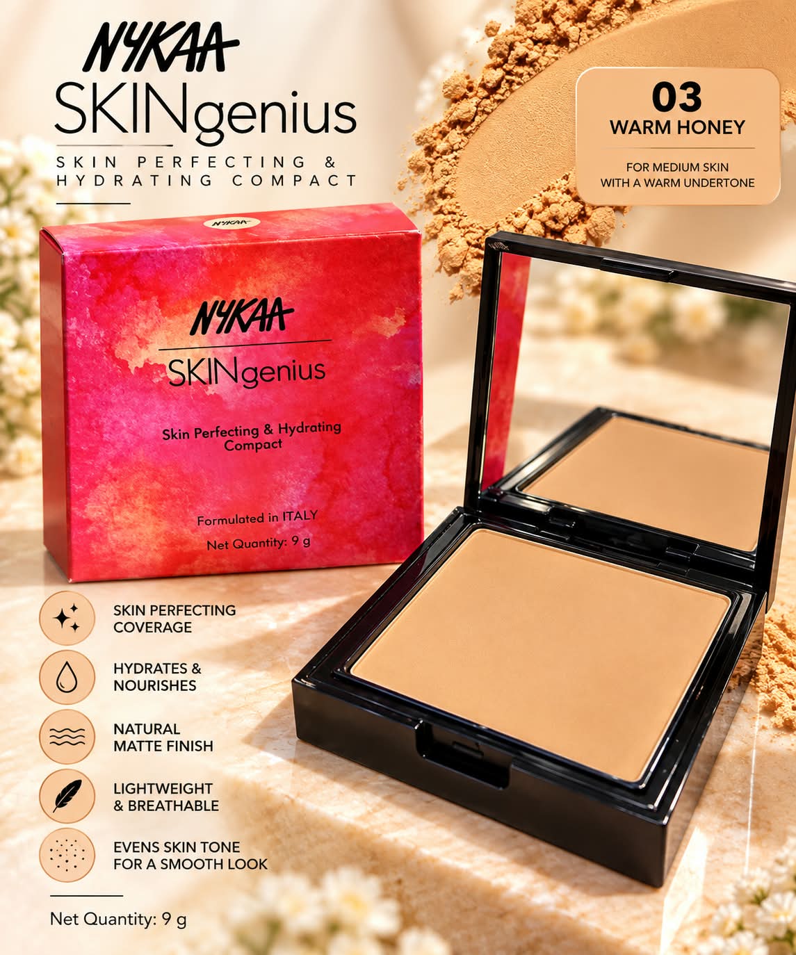 Nykaa SKINgenius Skin Perfecting & Hydrating Matte Powder Compact - Natural