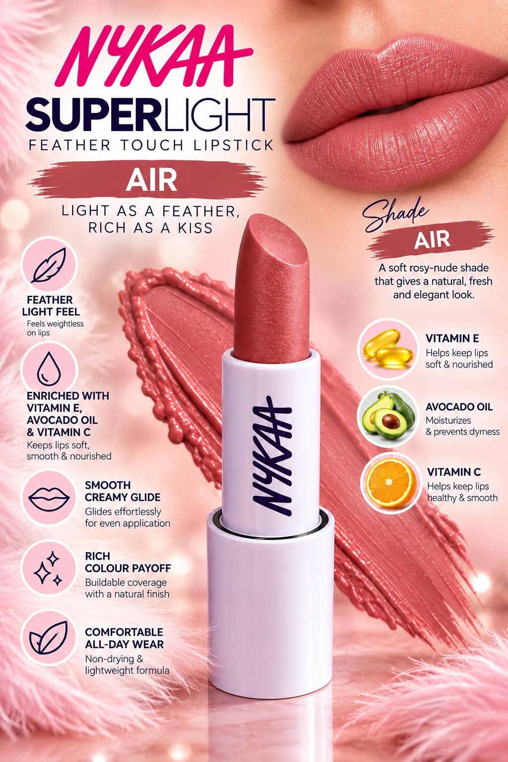 Nykaa Superlight Feather Touch Lipstick Vitamin E Avocado Oil Vitamin C