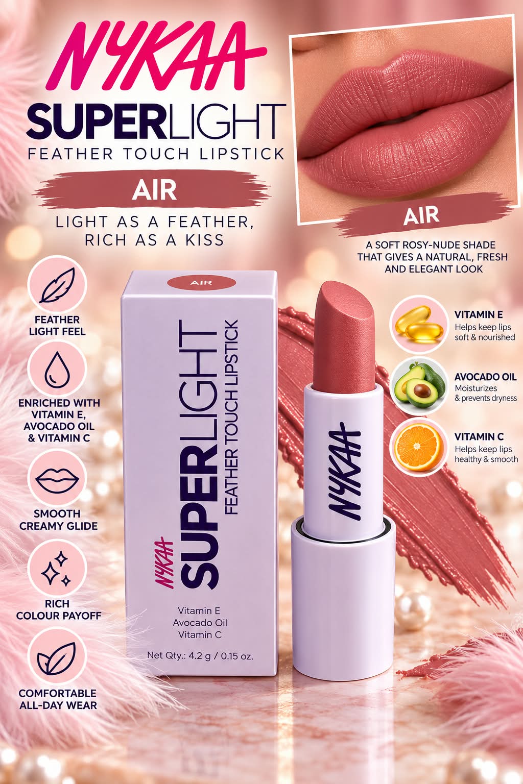 Nykaa Superlight Feather Touch Lipstick Vitamin E Avocado Oil Vitamin C