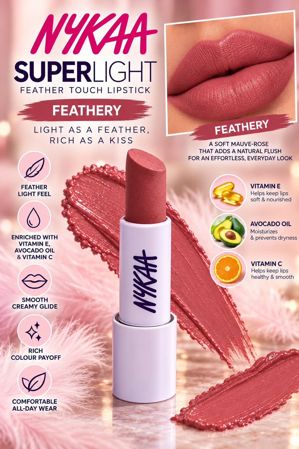 Nykaa Superlight Feather Touch Lipstick Vitamin E Avocado Oil Vitamin C
