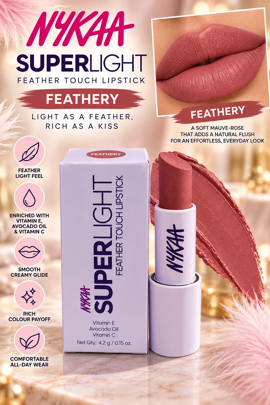 Nykaa Superlight Feather Touch Lipstick Vitamin E Avocado Oil Vitamin C