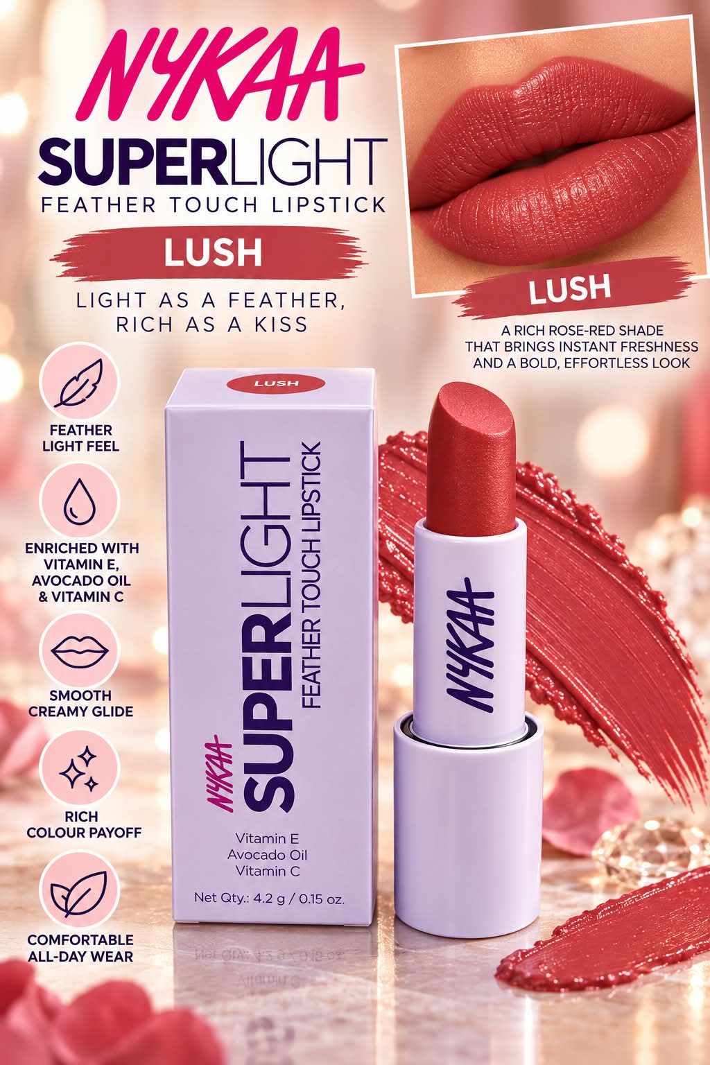 Nykaa Superlight Feather Touch Lipstick Vitamin E Avocado Oil Vitamin C