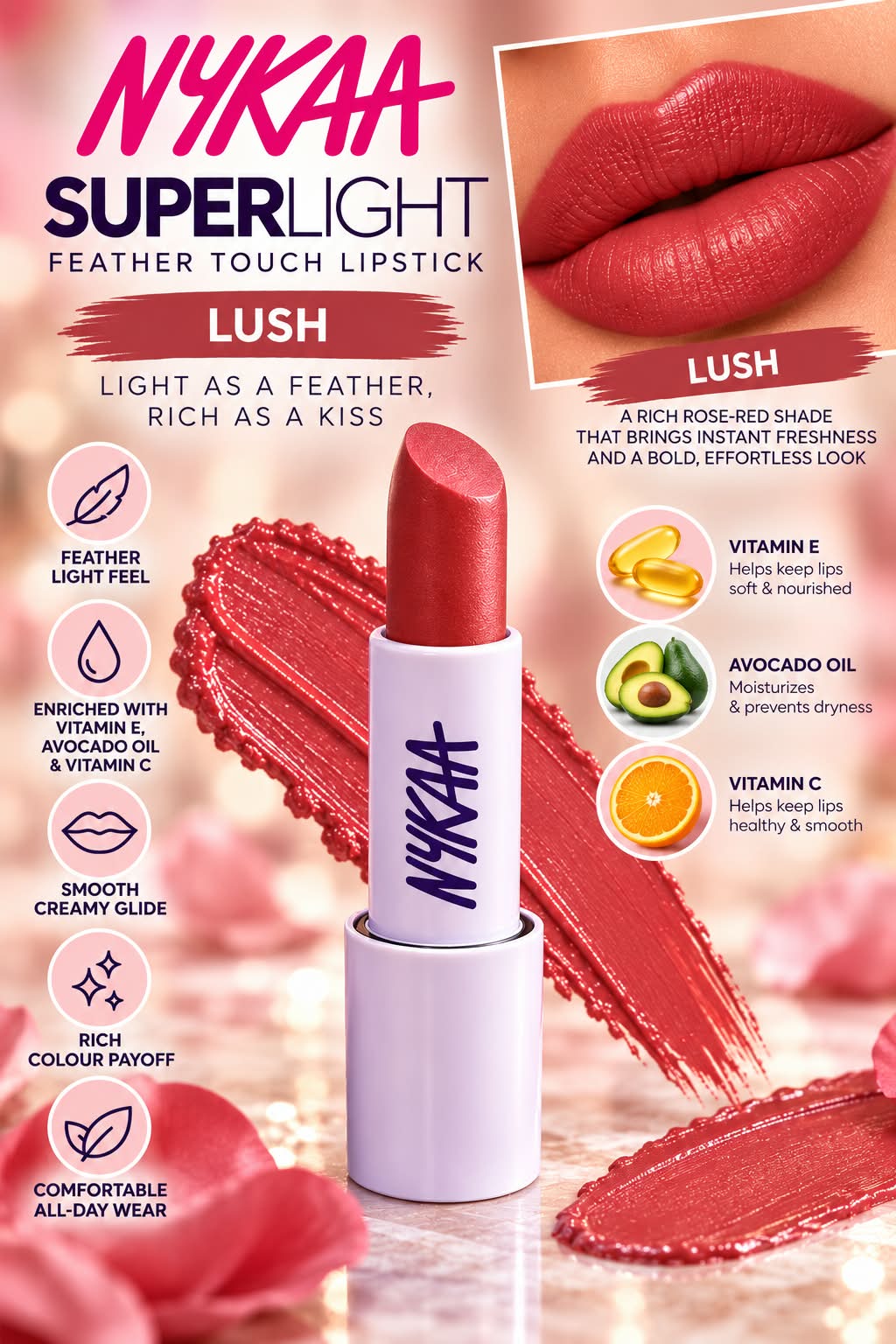 Nykaa Superlight Feather Touch Lipstick Vitamin E Avocado Oil Vitamin C