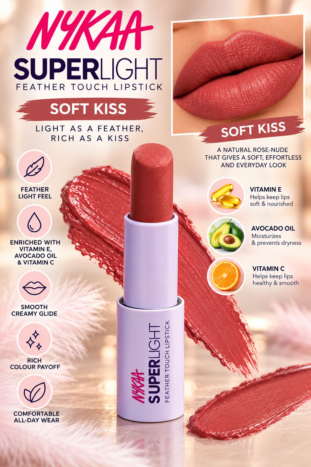 Nykaa Superlight Feather Touch Lipstick Vitamin E Avocado Oil Vitamin C