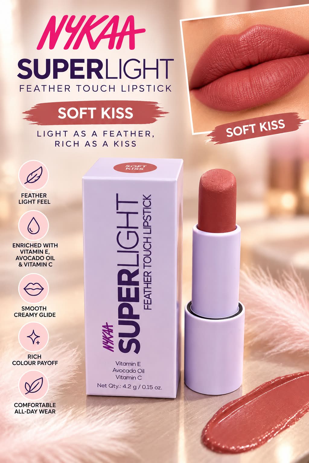 Nykaa Superlight Feather Touch Lipstick Vitamin E Avocado Oil Vitamin C