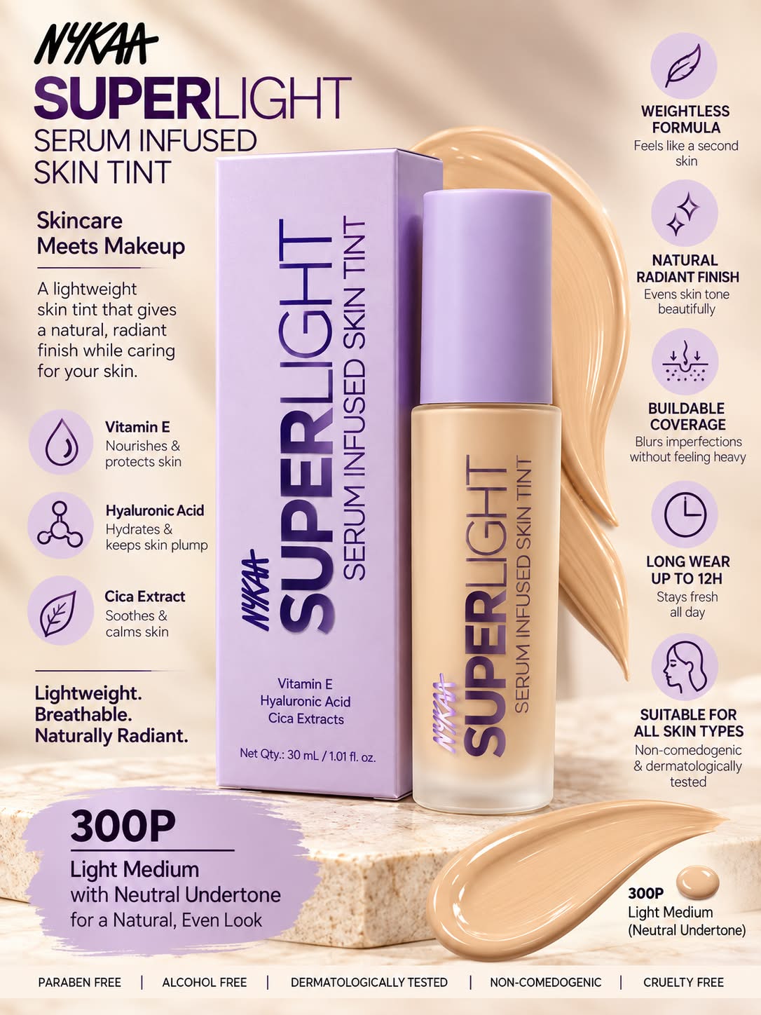 Nykaa Superlight Serum Infused Skin Tint Vitamin E Hyaluronic Acid Cica Exracts 30ml