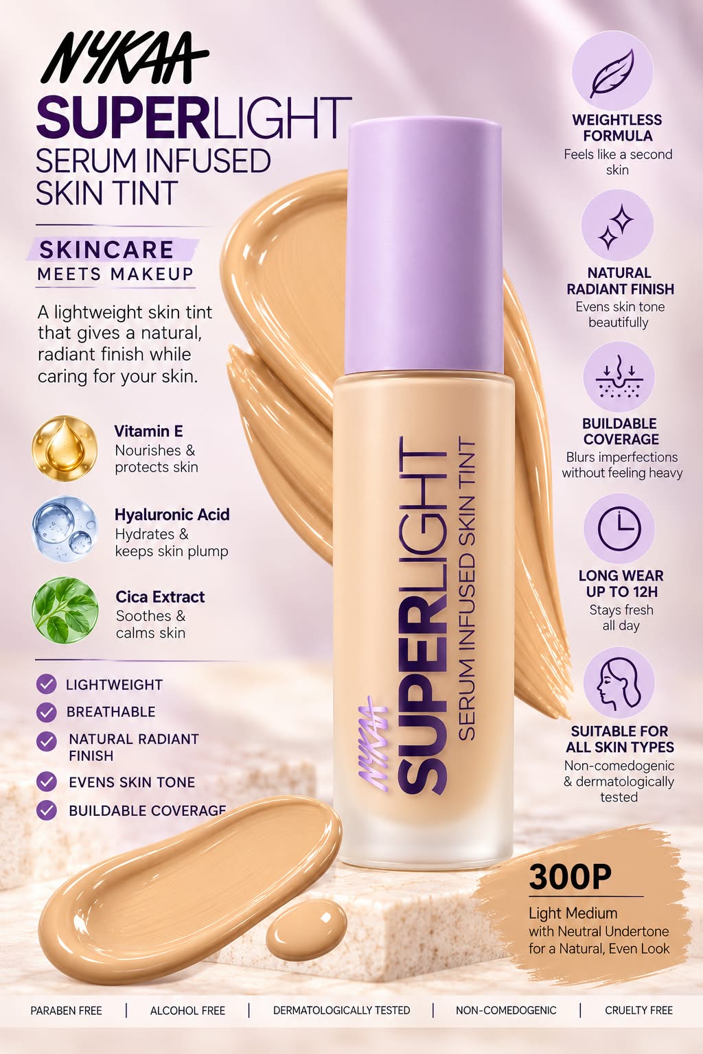 Nykaa Superlight Serum Infused Skin Tint Vitamin E Hyaluronic Acid Cica Exracts 30ml