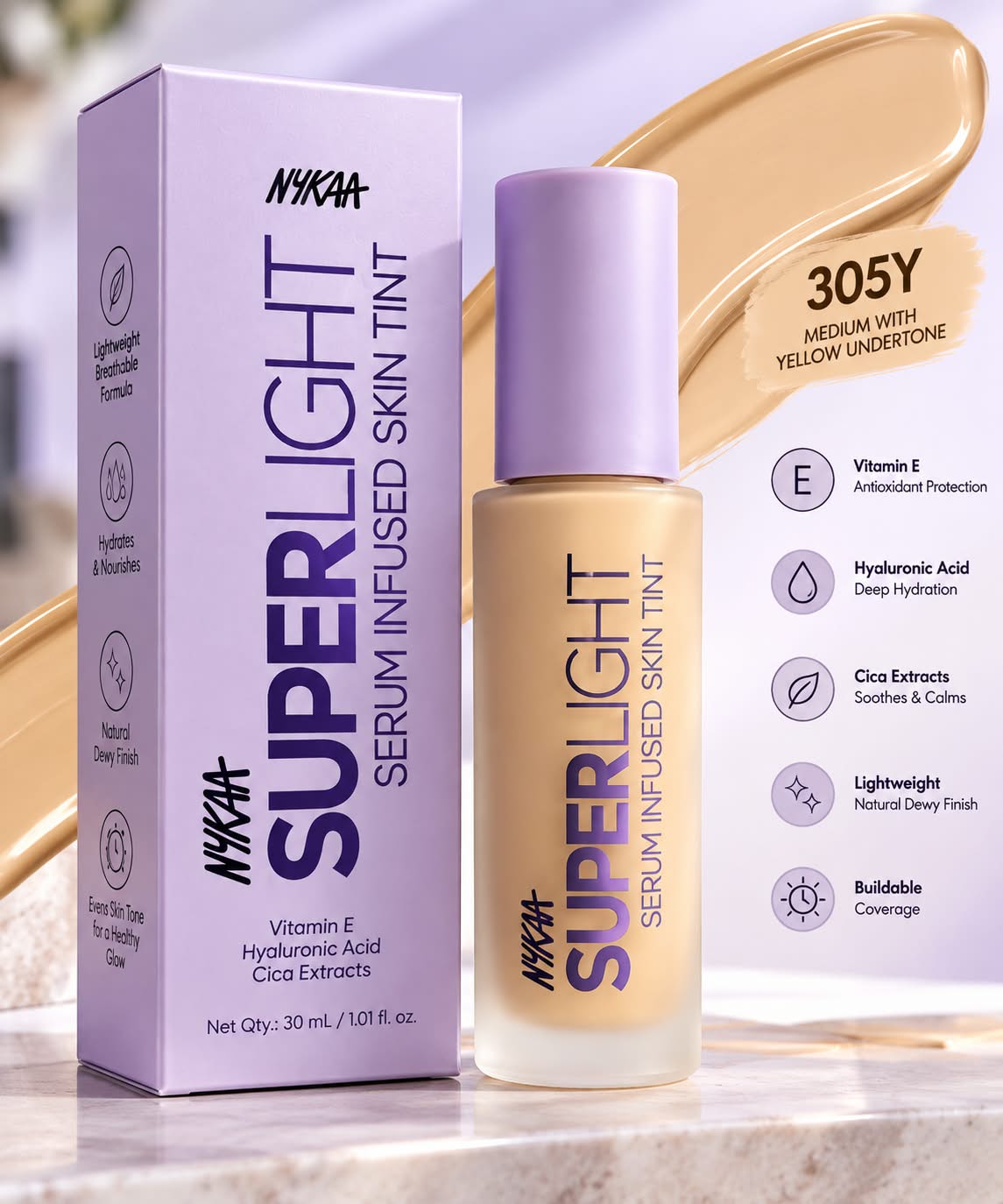 Nykaa Superlight Serum Infused Skin Tint Vitamin E Hyaluronic Acid Cica Exracts 30ml