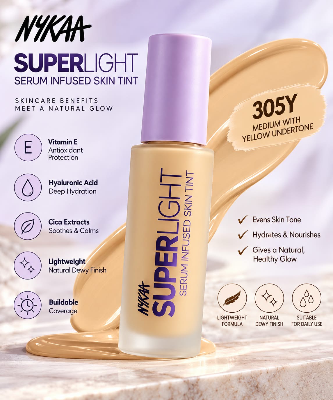 Nykaa Superlight Serum Infused Skin Tint Vitamin E Hyaluronic Acid Cica Exracts 30ml