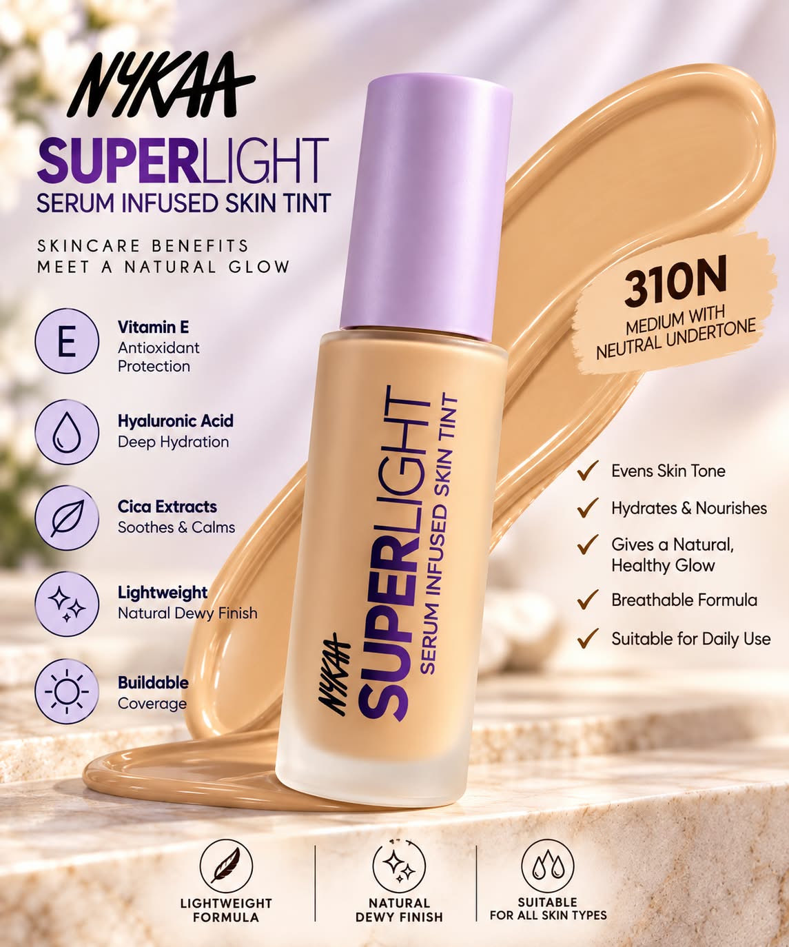 Nykaa Superlight Serum Infused Skin Tint Vitamin E Hyaluronic Acid Cica Exracts 30ml