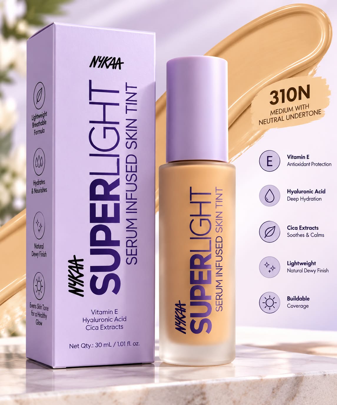 Nykaa Superlight Serum Infused Skin Tint Vitamin E Hyaluronic Acid Cica Exracts 30ml