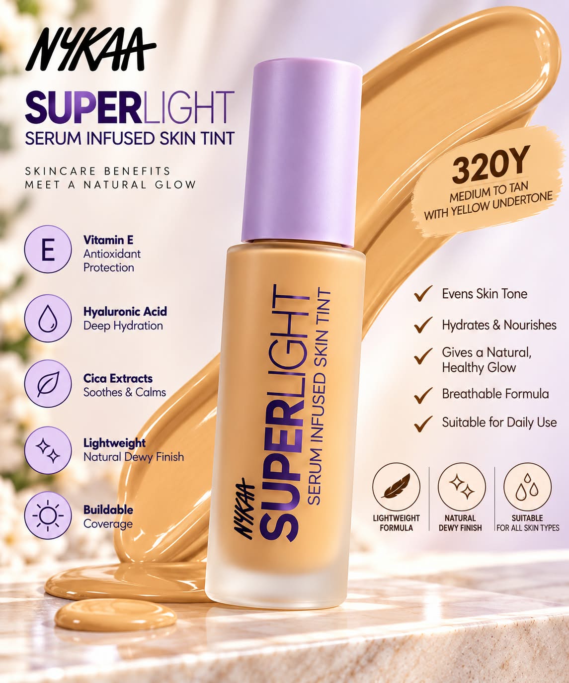 Nykaa Superlight Serum Infused Skin Tint Vitamin E Hyaluronic Acid Cica Exracts 30ml