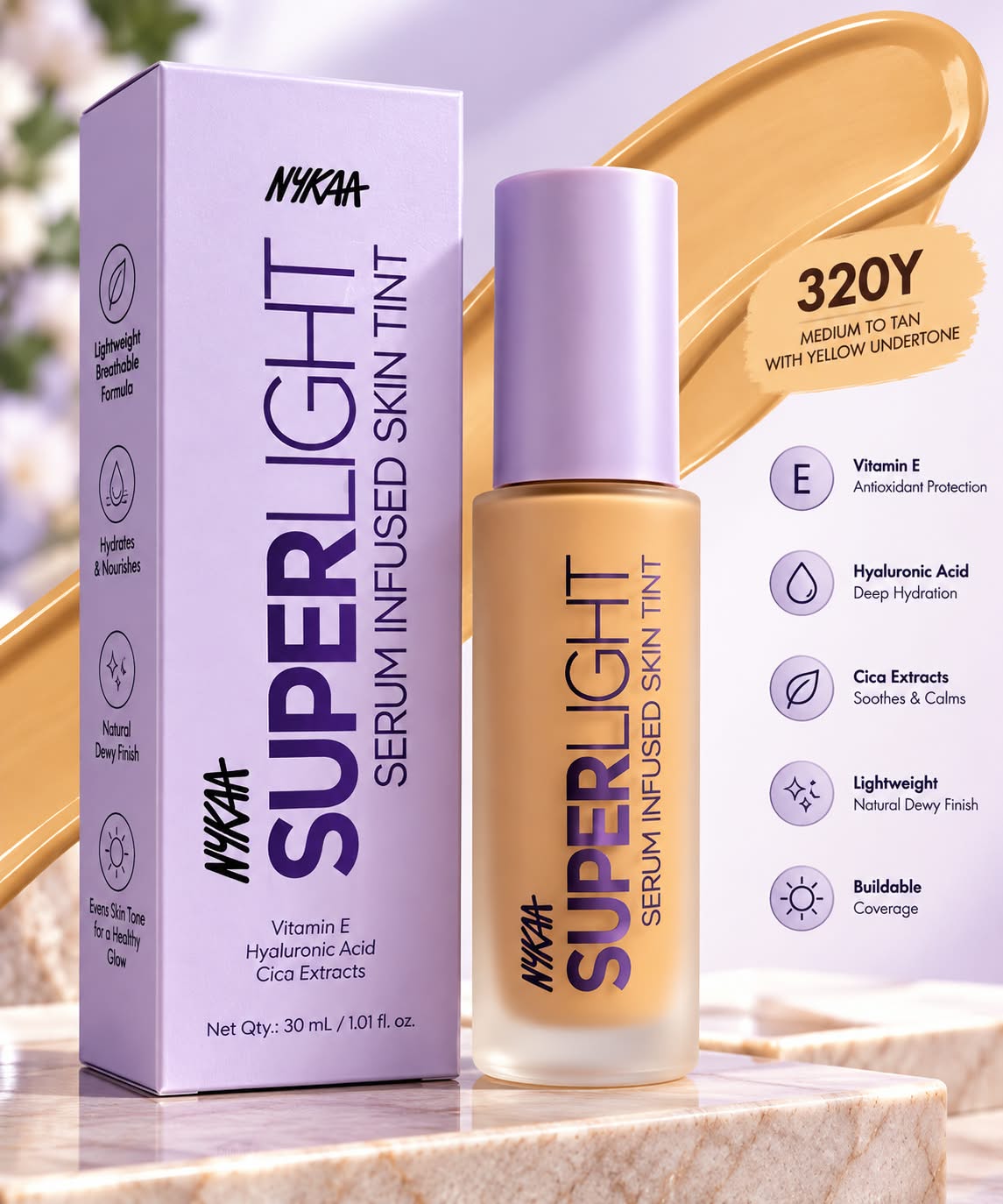 Nykaa Superlight Serum Infused Skin Tint Vitamin E Hyaluronic Acid Cica Exracts 30ml