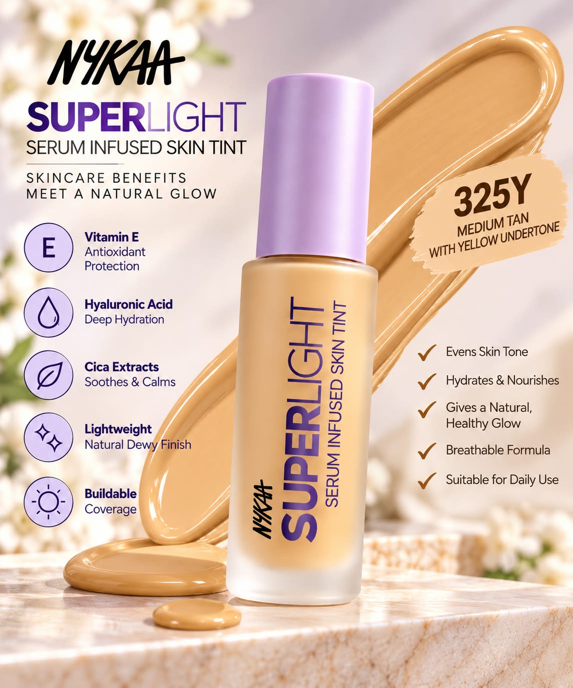Nykaa Superlight Serum Infused Skin Tint Vitamin E Hyaluronic Acid Cica Exracts 30ml