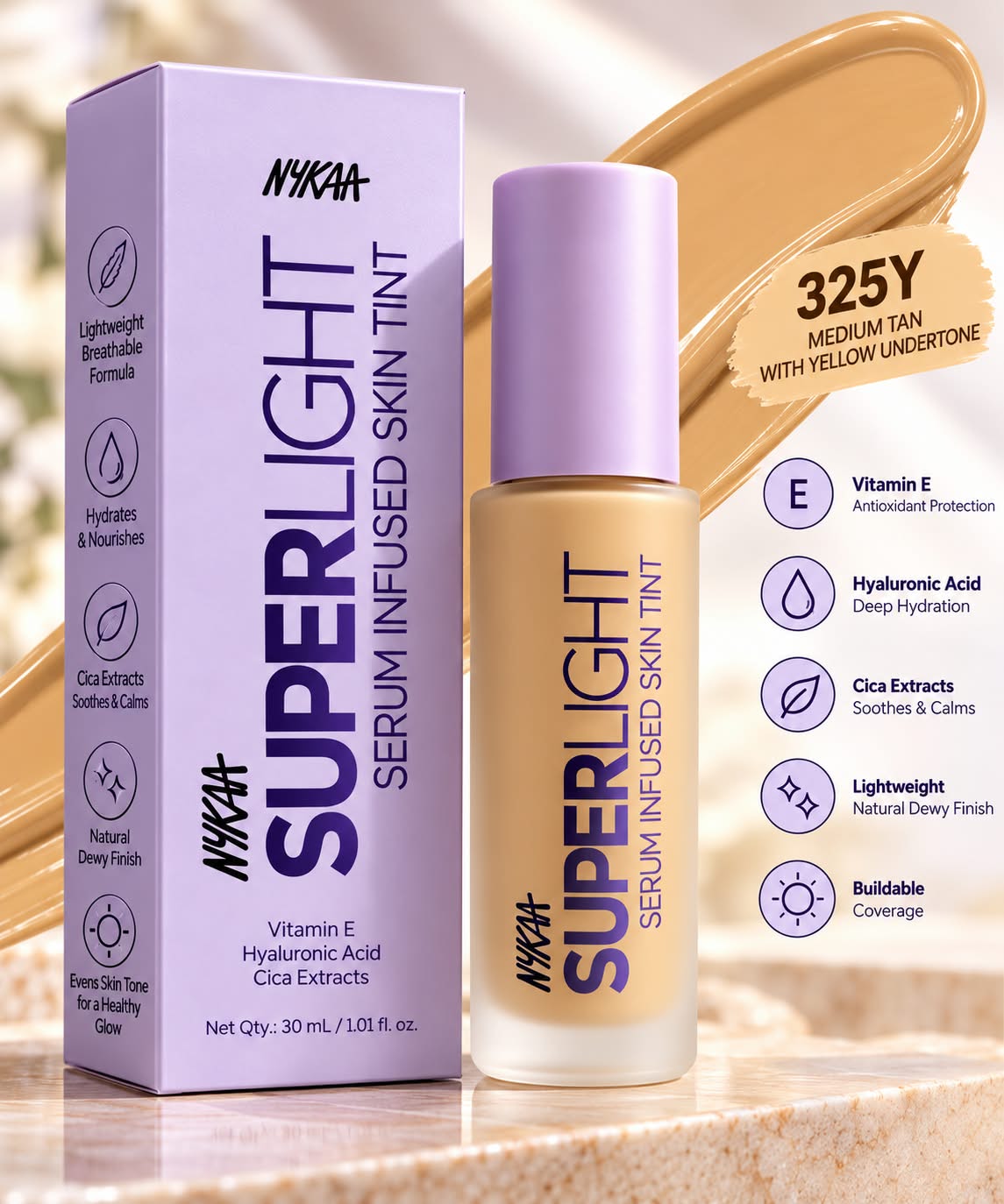 Nykaa Superlight Serum Infused Skin Tint Vitamin E Hyaluronic Acid Cica Exracts 30ml
