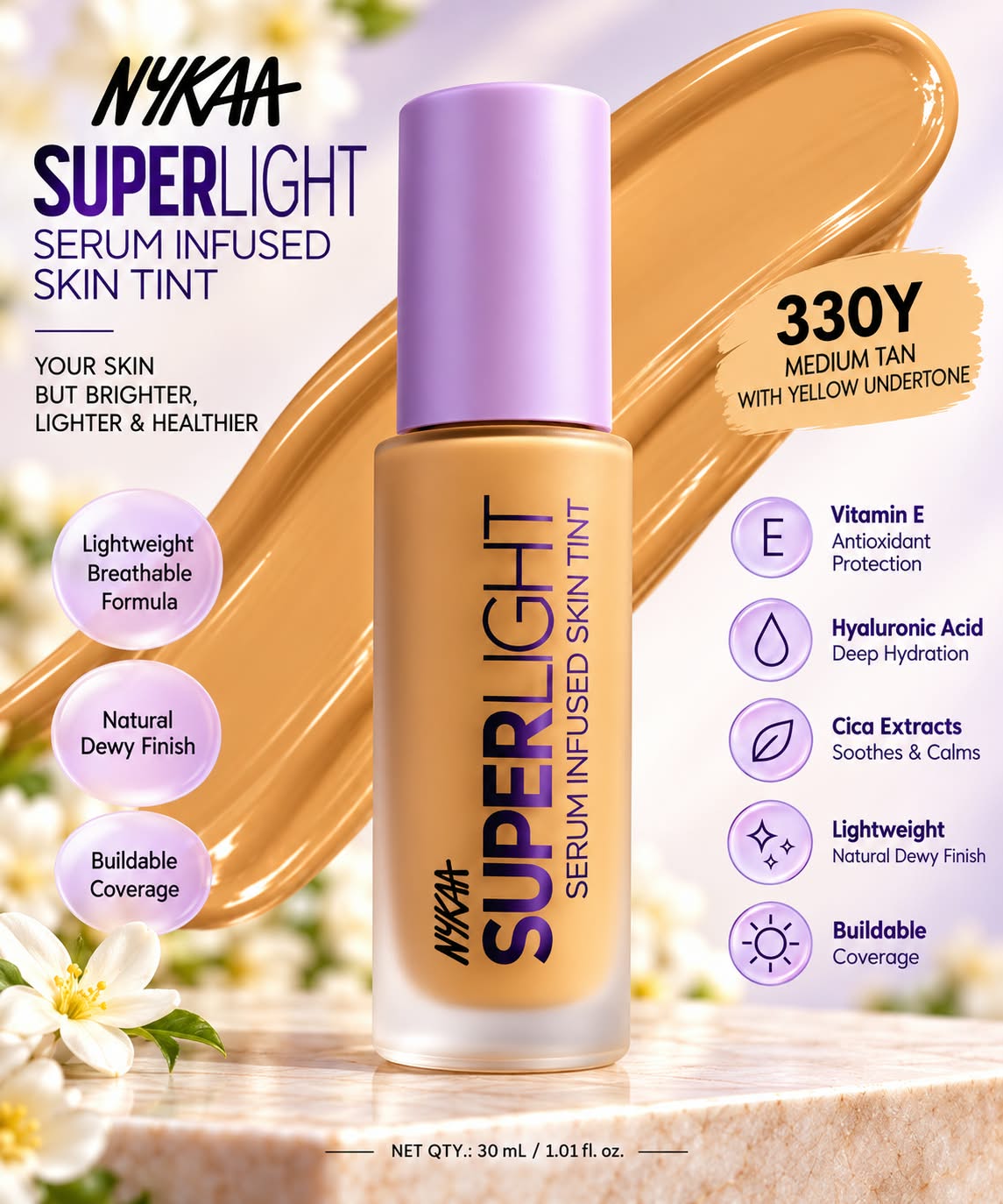 Nykaa Superlight Serum Infused Skin Tint Vitamin E Hyaluronic Acid Cica Exracts 30ml