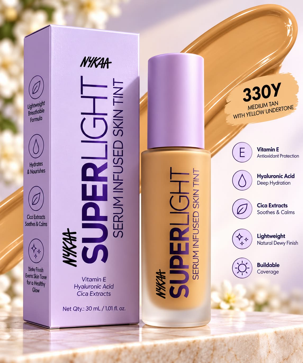 Nykaa Superlight Serum Infused Skin Tint Vitamin E Hyaluronic Acid Cica Exracts 30ml