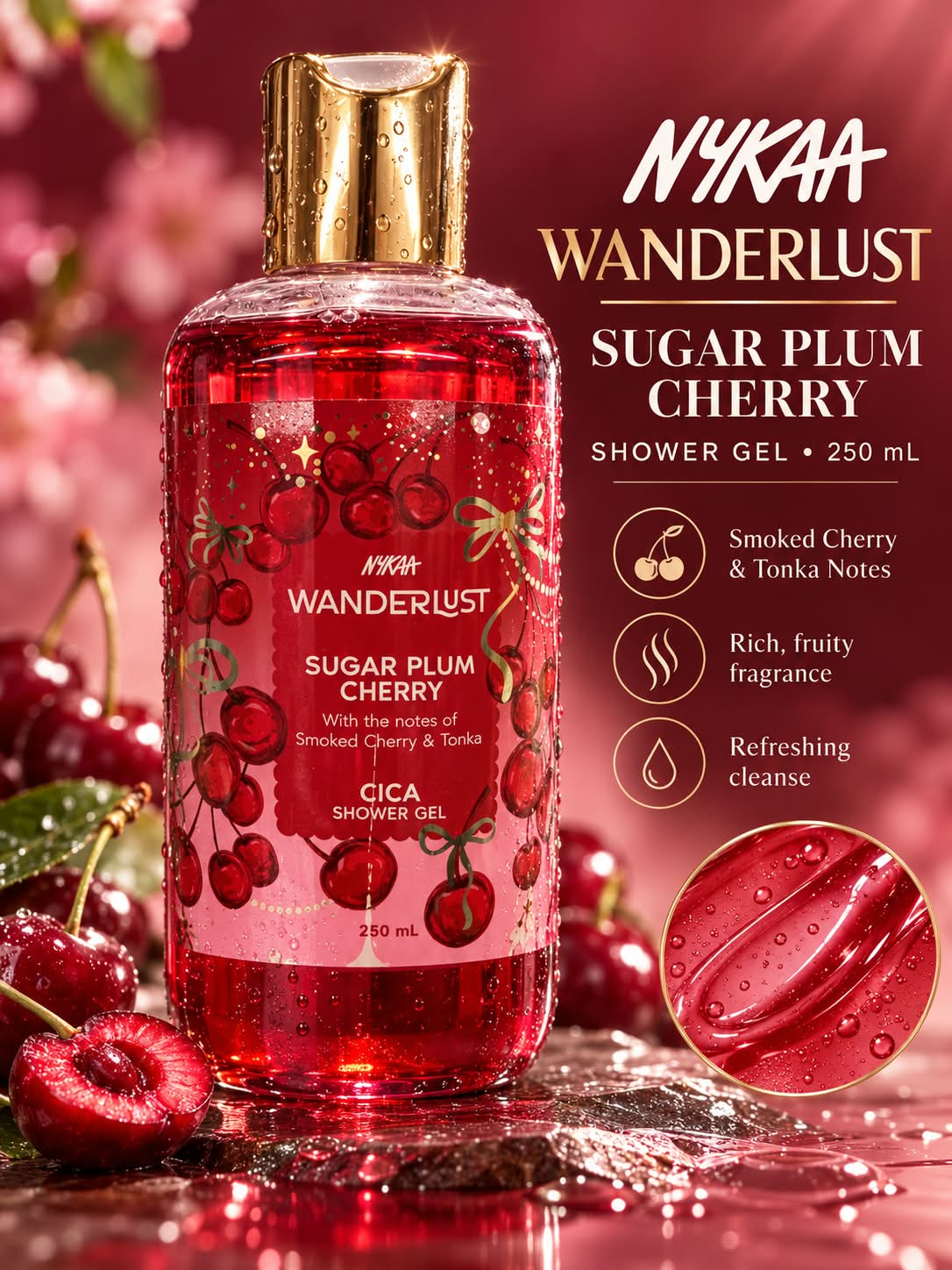 Nykaa Wanderlust Sugar Plum Cherry  Cica Shower gel 250ml