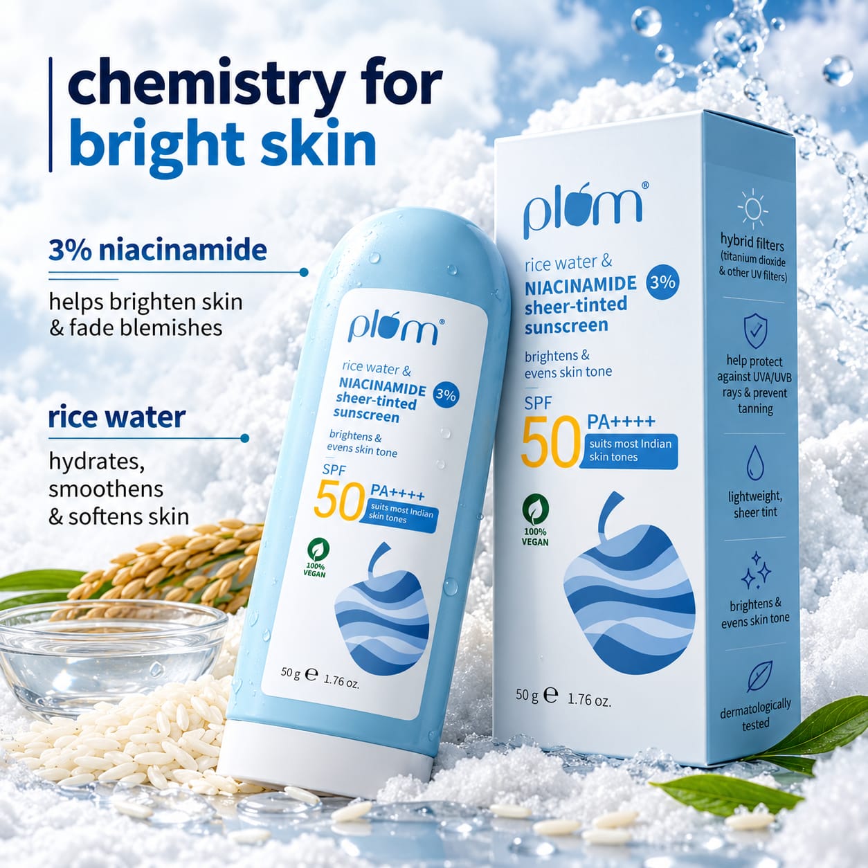 Plum Rice Water & Niacinamide Sheer- Tinted Sunscreen 50gm